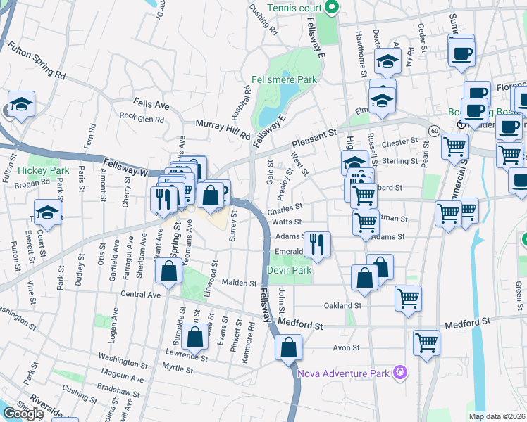 map of restaurants, bars, coffee shops, grocery stores, and more near in Malden