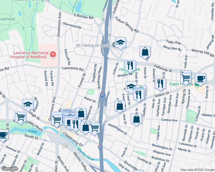 map of restaurants, bars, coffee shops, grocery stores, and more near 78 Webster Street in Medford