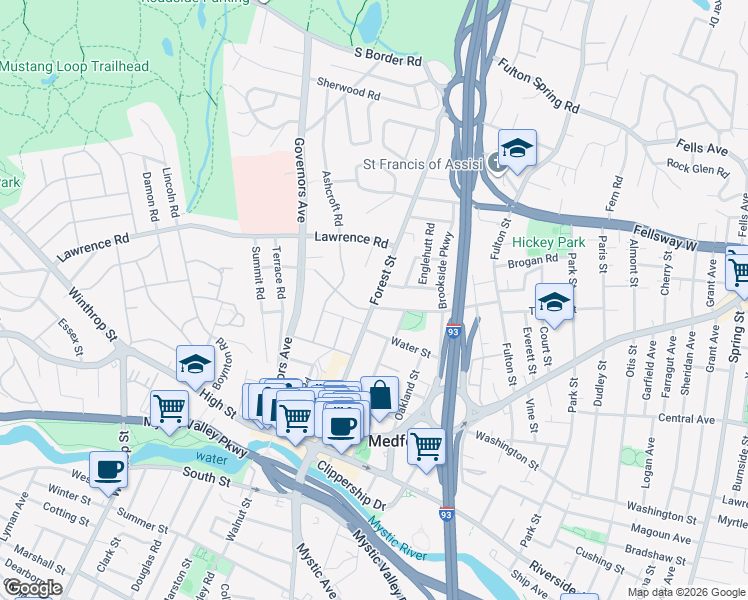 map of restaurants, bars, coffee shops, grocery stores, and more near 116 Forest Street in Medford