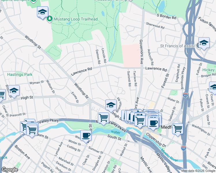 map of restaurants, bars, coffee shops, grocery stores, and more near 32 Lincoln Road in Medford