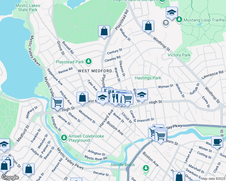 map of restaurants, bars, coffee shops, grocery stores, and more near 16 Usher Road in Medford