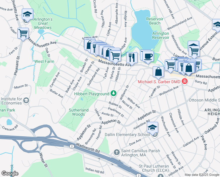 map of restaurants, bars, coffee shops, grocery stores, and more near 95 Sylvia Street in Arlington
