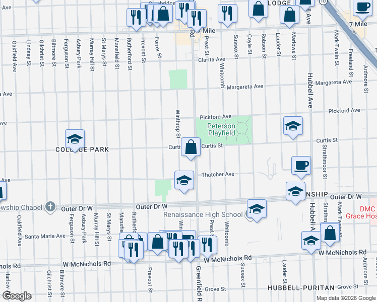 map of restaurants, bars, coffee shops, grocery stores, and more near 15559 Curtis Street in Detroit