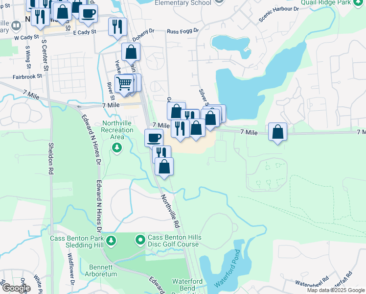 map of restaurants, bars, coffee shops, grocery stores, and more near 43093 West Seven Mile Road in Northville