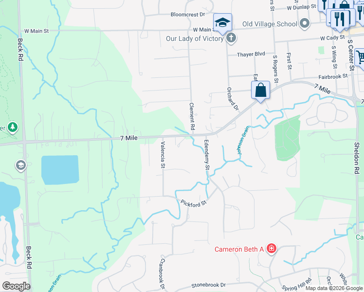 map of restaurants, bars, coffee shops, grocery stores, and more near 46105 West Seven Mile Road in Northville