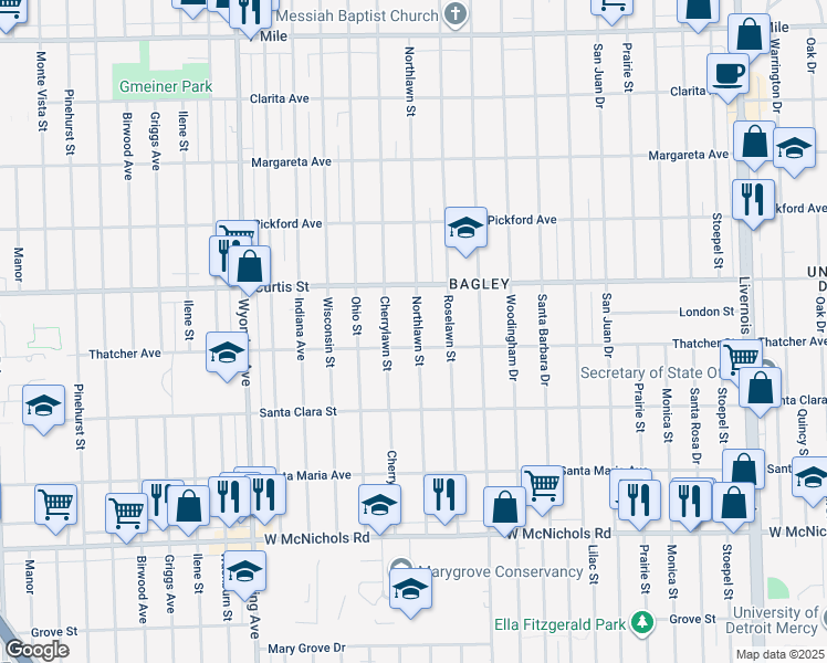 map of restaurants, bars, coffee shops, grocery stores, and more near 18027 Northlawn Street in Detroit