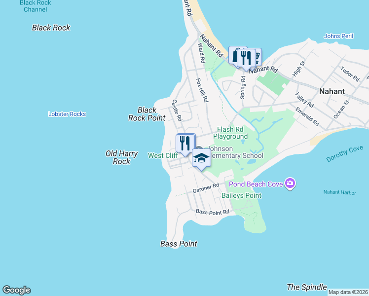 map of restaurants, bars, coffee shops, grocery stores, and more near 229 Castle Road in Nahant