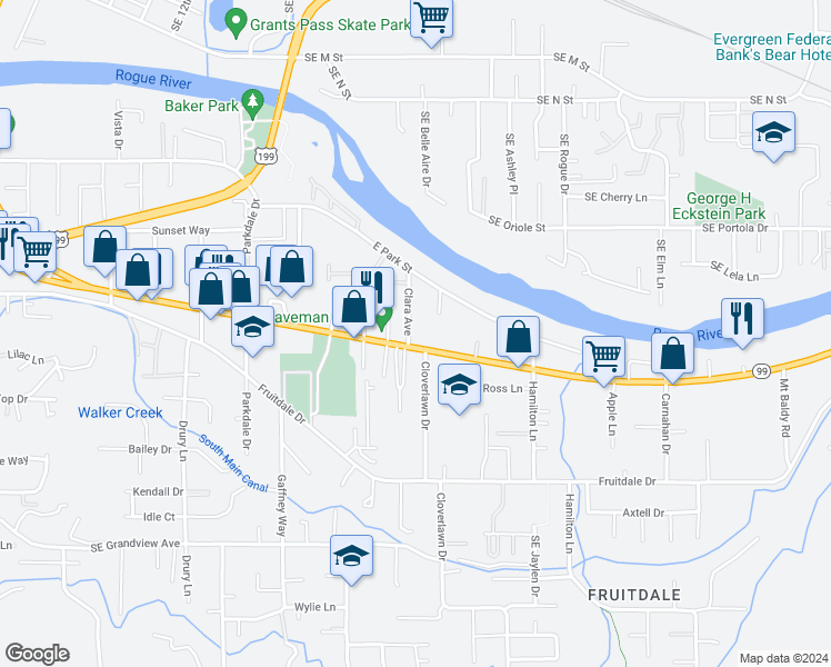 map of restaurants, bars, coffee shops, grocery stores, and more near 1300 Rogue River Highway in Grants Pass