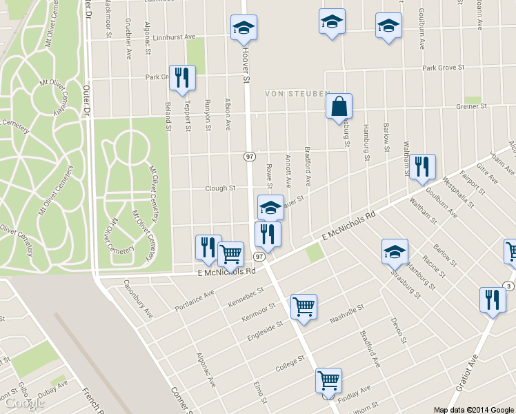 map of restaurants, bars, coffee shops, grocery stores, and more near 17340 Hoover St in Detroit