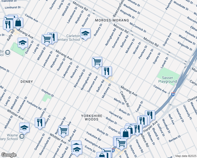 map of restaurants, bars, coffee shops, grocery stores, and more near 11040 Somerset Avenue in Detroit