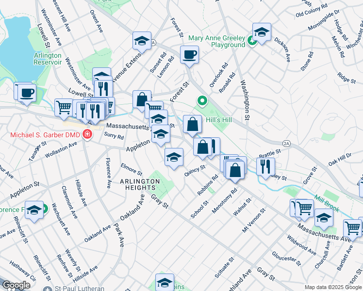 map of restaurants, bars, coffee shops, grocery stores, and more near 10 Burton Street in Arlington