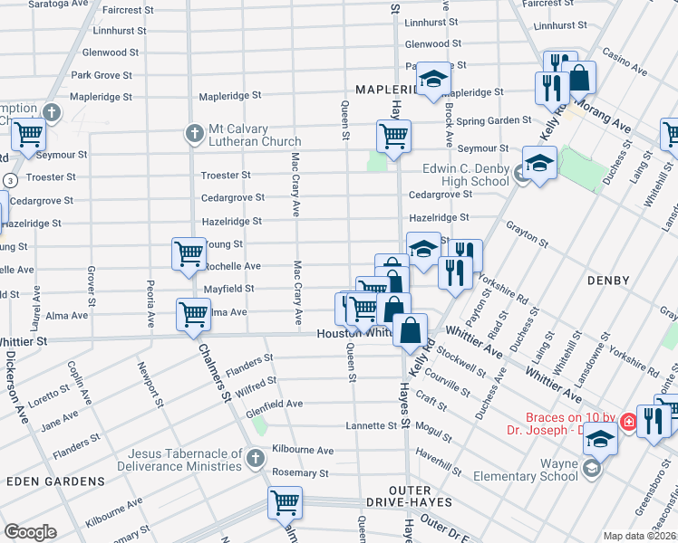 map of restaurants, bars, coffee shops, grocery stores, and more near 14900 Rochelle Avenue in Detroit