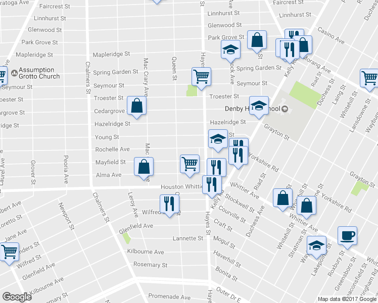 map of restaurants, bars, coffee shops, grocery stores, and more near 15044 Rochelle Avenue in Detroit