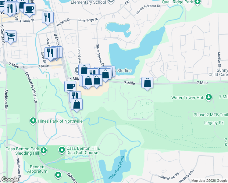 map of restaurants, bars, coffee shops, grocery stores, and more near 18882 Denali Circle in Northville