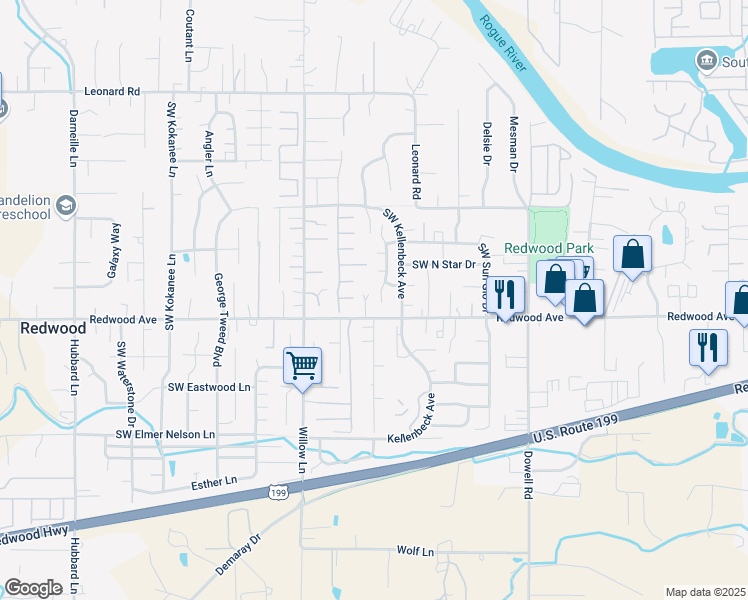 map of restaurants, bars, coffee shops, grocery stores, and more near 1494 Southwest David Drive in Grants Pass