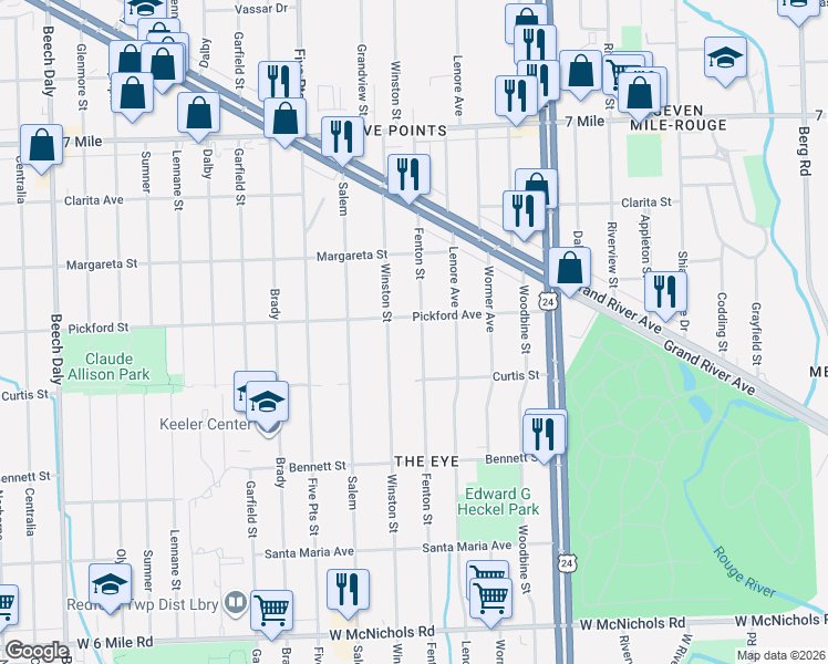 map of restaurants, bars, coffee shops, grocery stores, and more near 18293 Fenton Street in Detroit