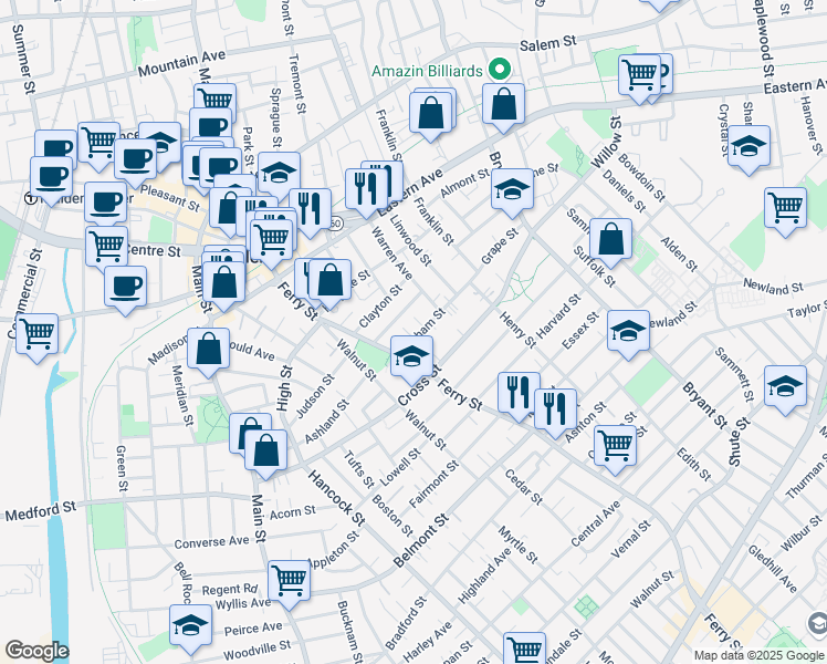 map of restaurants, bars, coffee shops, grocery stores, and more near 20 Upham Street in Malden