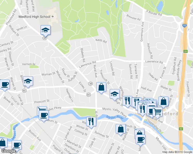 map of restaurants, bars, coffee shops, grocery stores, and more near 42 Rural Ave in Medford