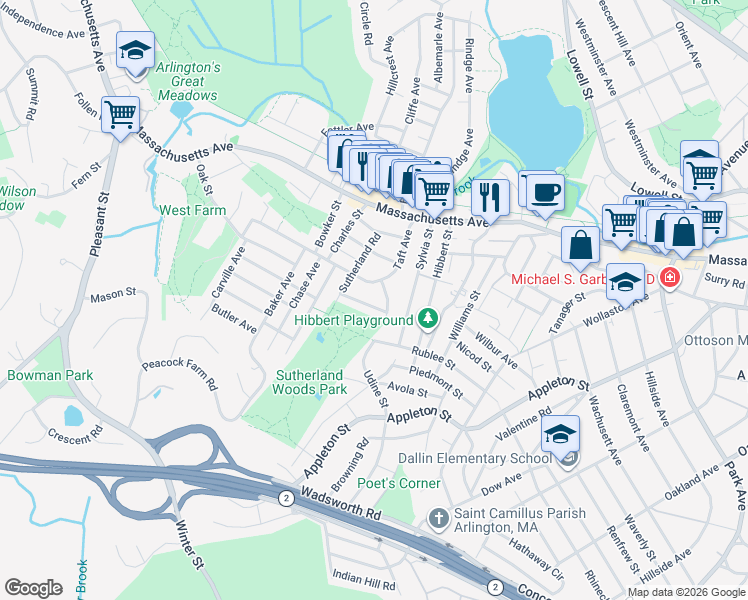 map of restaurants, bars, coffee shops, grocery stores, and more near 5 Aerial Street in Lexington