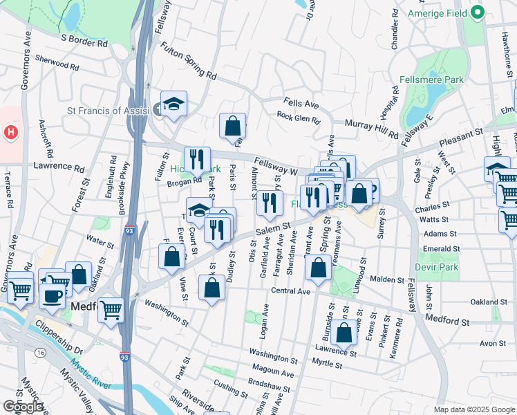map of restaurants, bars, coffee shops, grocery stores, and more near 27 Almont Street in Medford