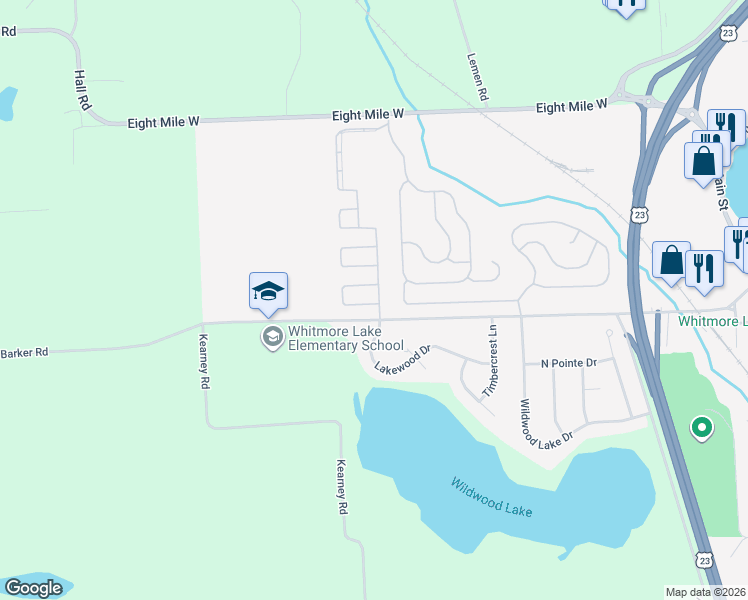 map of restaurants, bars, coffee shops, grocery stores, and more near 555 Turquoise Drive in Whitmore Lake
