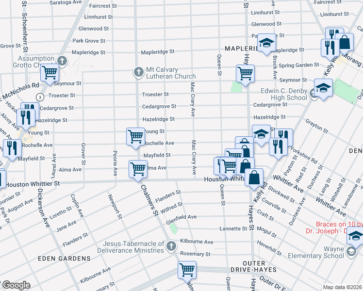 map of restaurants, bars, coffee shops, grocery stores, and more near 14674 Rochelle Avenue in Detroit
