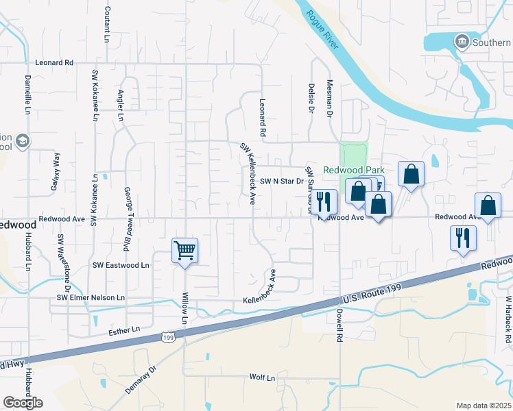 map of restaurants, bars, coffee shops, grocery stores, and more near 1459 Southwest Kellenbeck Avenue in Grants Pass