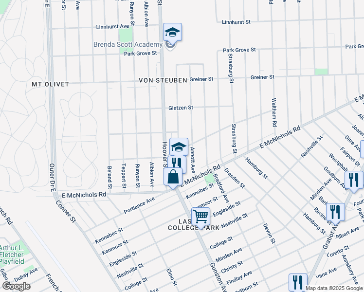 map of restaurants, bars, coffee shops, grocery stores, and more near 17300 Rowe Street in Detroit
