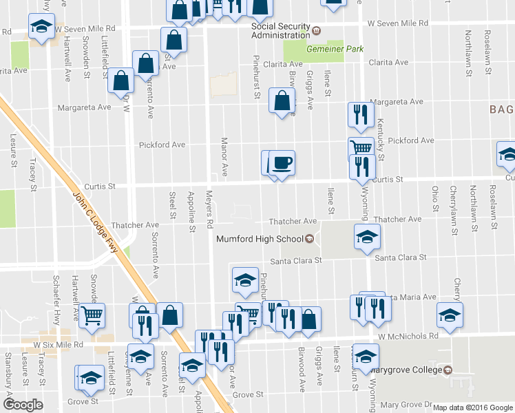 map of restaurants, bars, coffee shops, grocery stores, and more near 18047 Pinehurst Street in Detroit