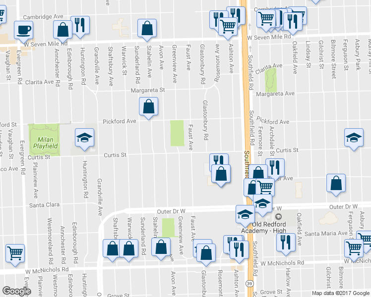 map of restaurants, bars, coffee shops, grocery stores, and more near 18526 Curtis Street in Detroit