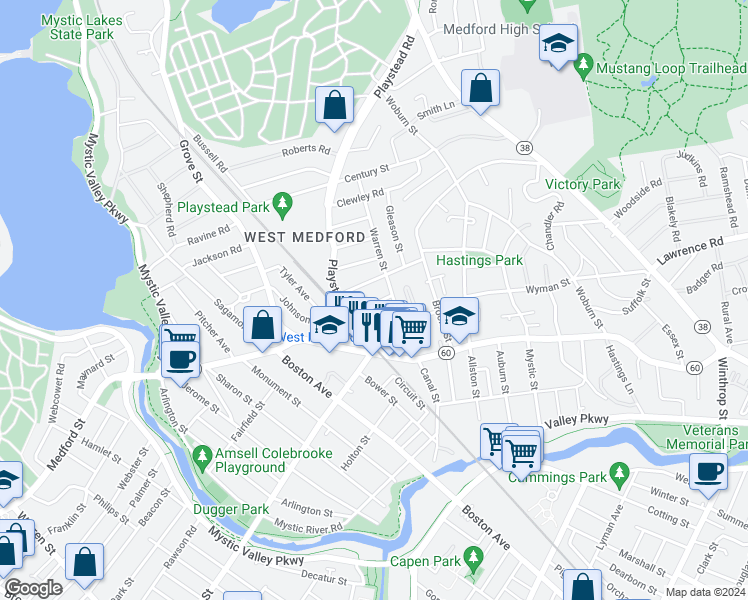 map of restaurants, bars, coffee shops, grocery stores, and more near 16 Usher Road in Medford