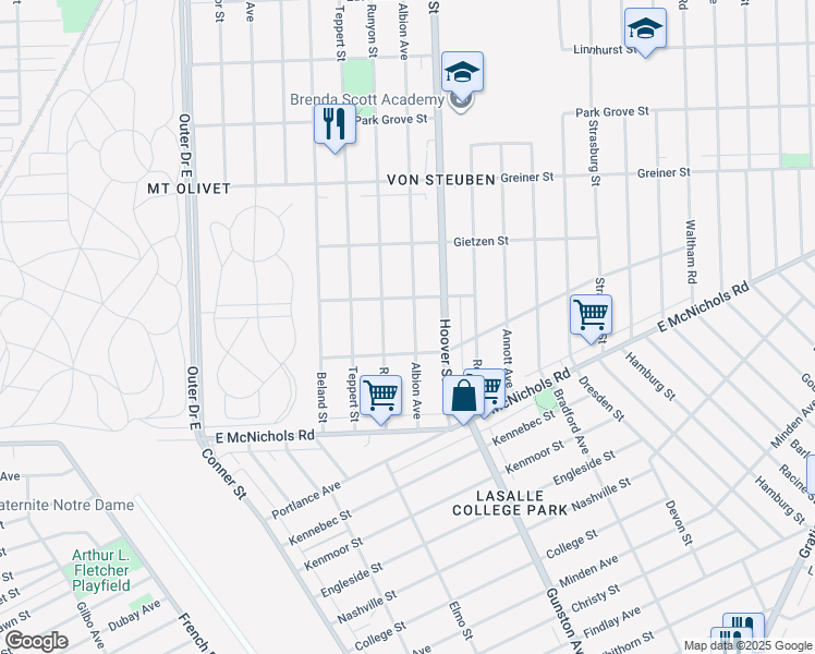 map of restaurants, bars, coffee shops, grocery stores, and more near 17353 Albion Avenue in Detroit