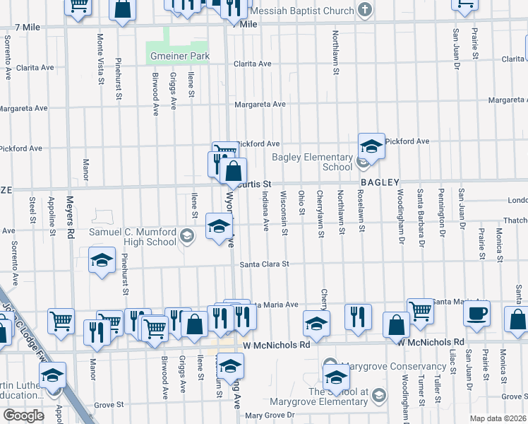 map of restaurants, bars, coffee shops, grocery stores, and more near 18037 Indiana Street in Detroit