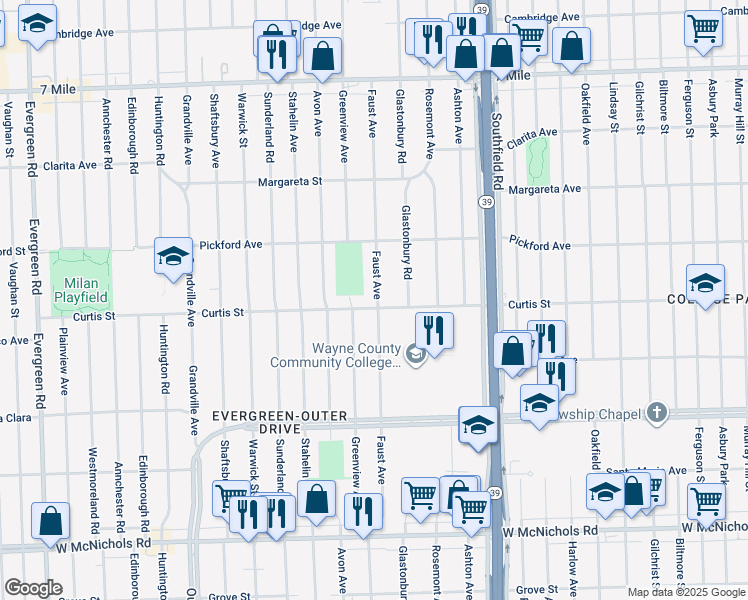 map of restaurants, bars, coffee shops, grocery stores, and more near 18526 Curtis Street in Detroit