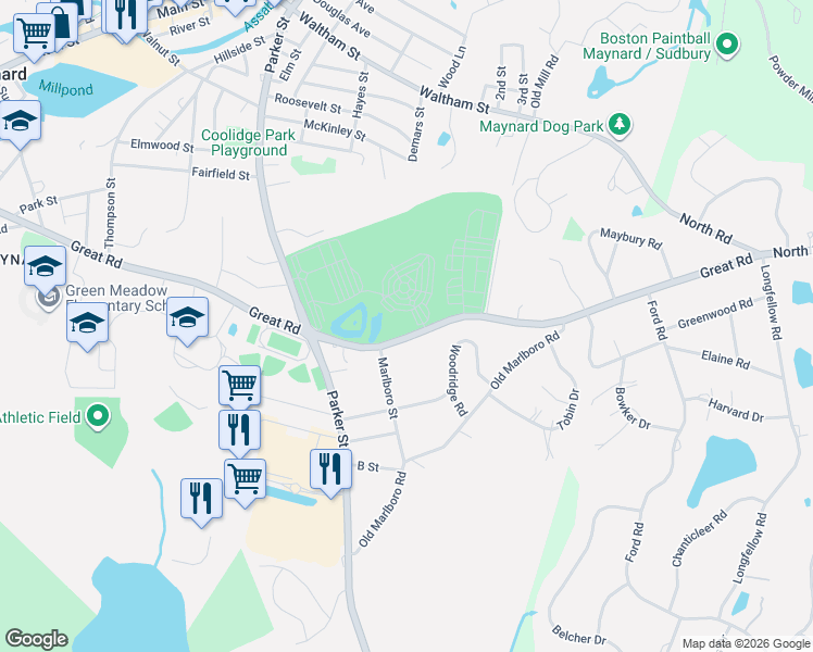 map of restaurants, bars, coffee shops, grocery stores, and more near 252 Great Road in Maynard