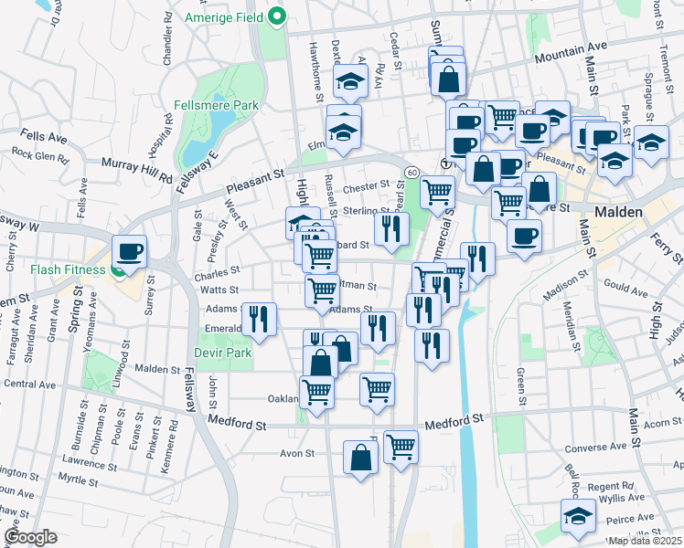 map of restaurants, bars, coffee shops, grocery stores, and more near 108-110 Russell Street in Malden