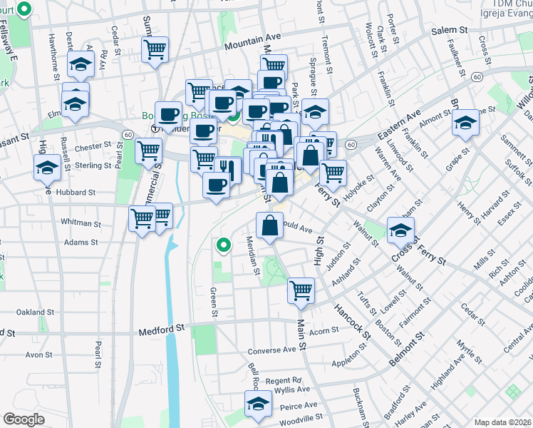 map of restaurants, bars, coffee shops, grocery stores, and more near 240 Main Street in Malden