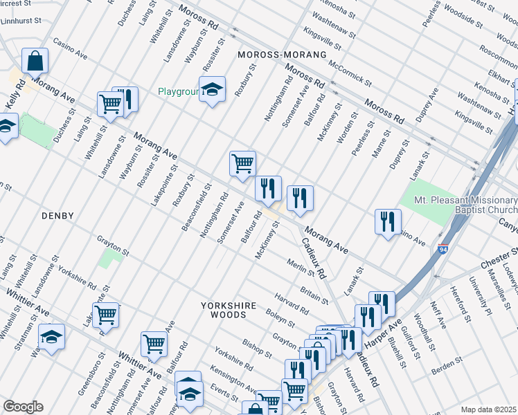 map of restaurants, bars, coffee shops, grocery stores, and more near 11101 Morang Avenue in Detroit