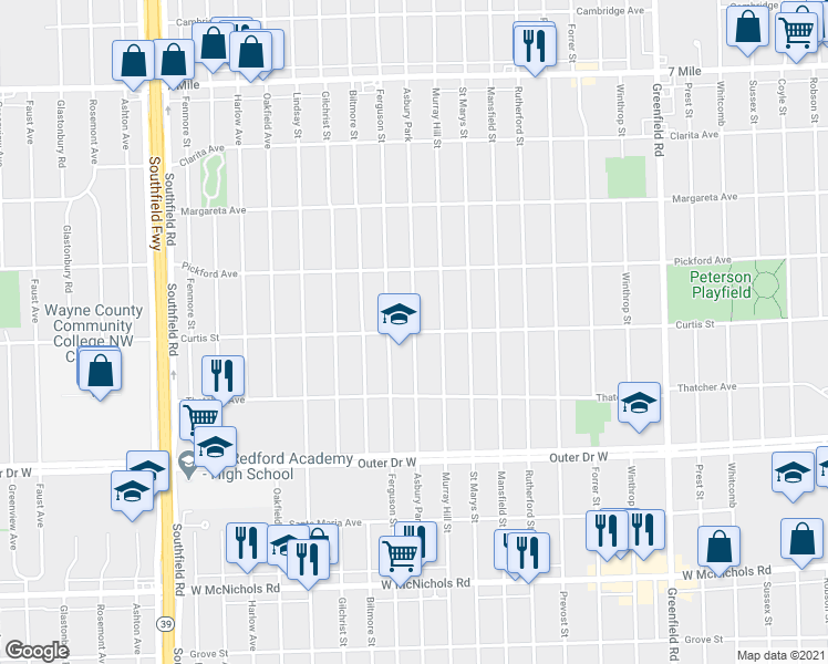 map of restaurants, bars, coffee shops, grocery stores, and more near Curtis Ave in Detroit