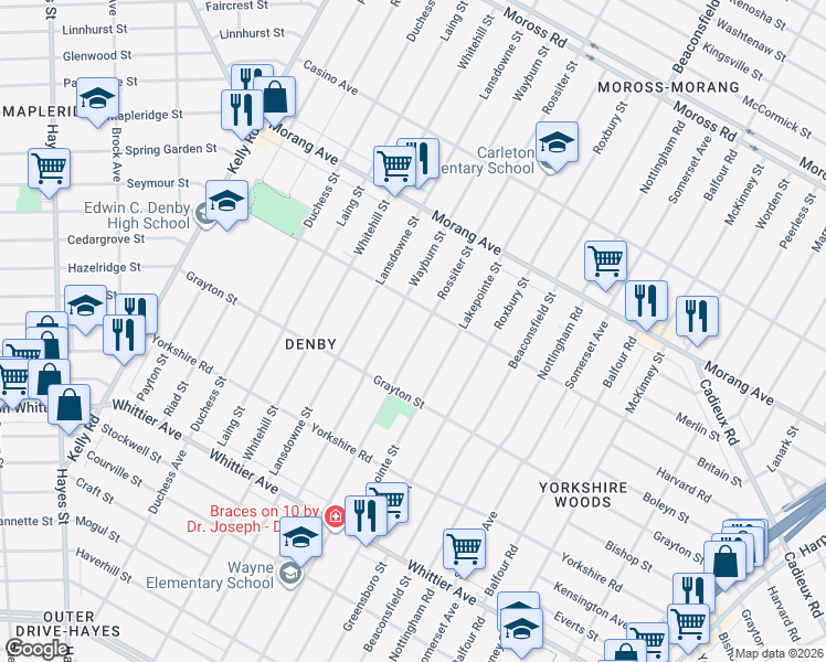 map of restaurants, bars, coffee shops, grocery stores, and more near 11421 Rossiter Street in Detroit