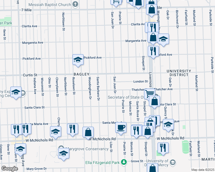 map of restaurants, bars, coffee shops, grocery stores, and more near 18031 Pennington Drive in Detroit