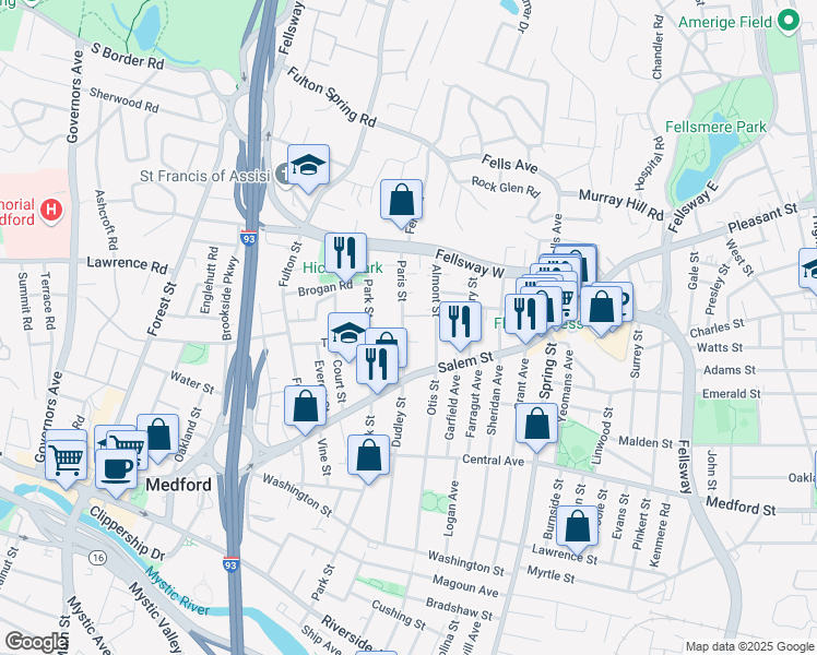 map of restaurants, bars, coffee shops, grocery stores, and more near 35 Paris Street in Medford