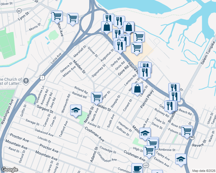 map of restaurants, bars, coffee shops, grocery stores, and more near 292 Rumney Road in Revere