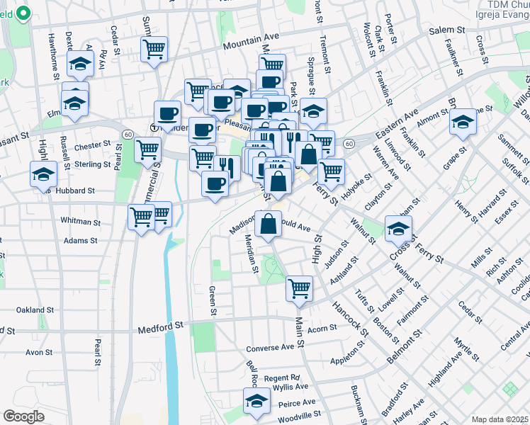 map of restaurants, bars, coffee shops, grocery stores, and more near 237 Main Street in Malden
