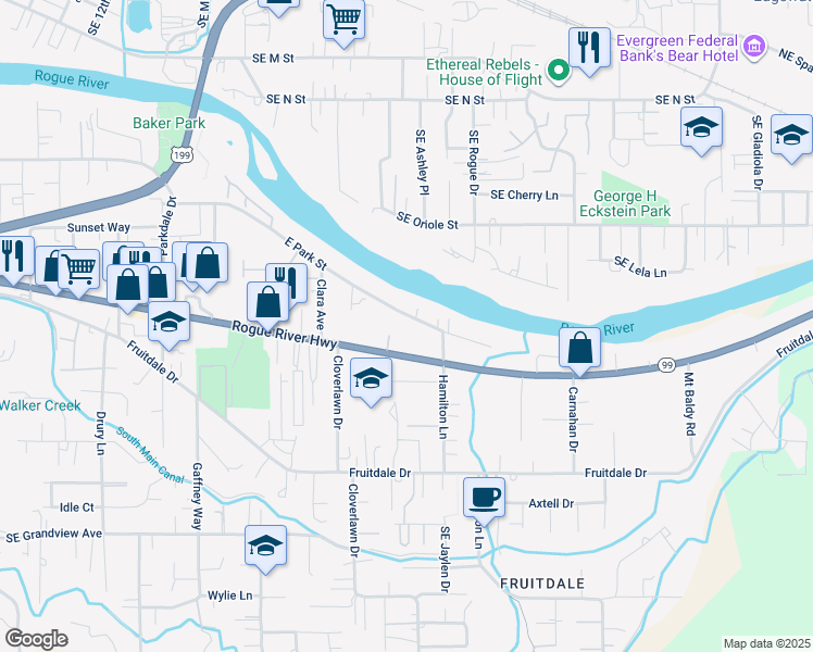 map of restaurants, bars, coffee shops, grocery stores, and more near 1329 East Park Street in Grants Pass