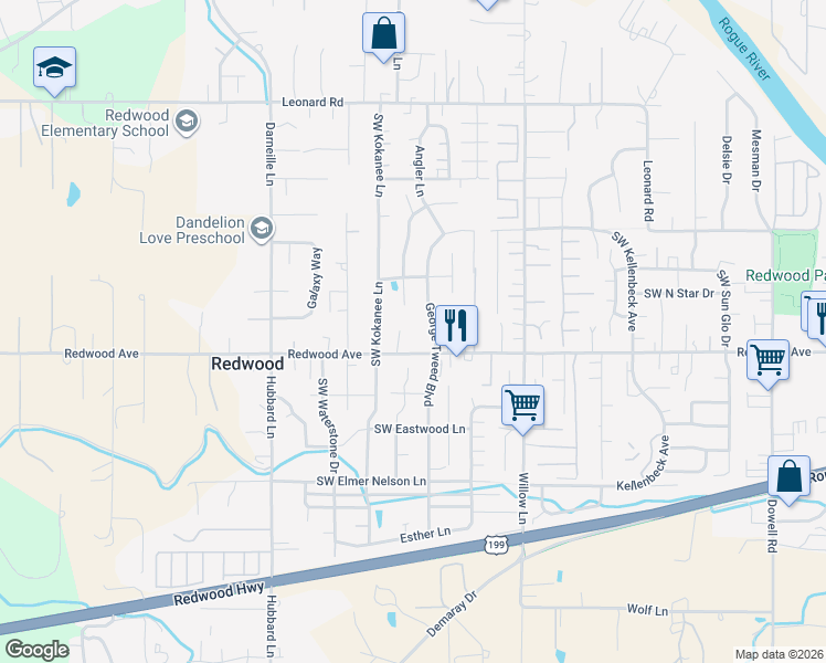 map of restaurants, bars, coffee shops, grocery stores, and more near 1443 Southwest Sturgeon Court in Grants Pass