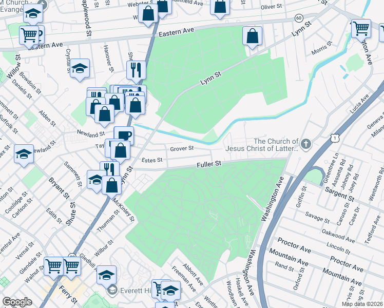 map of restaurants, bars, coffee shops, grocery stores, and more near 130 Estes St in Everett