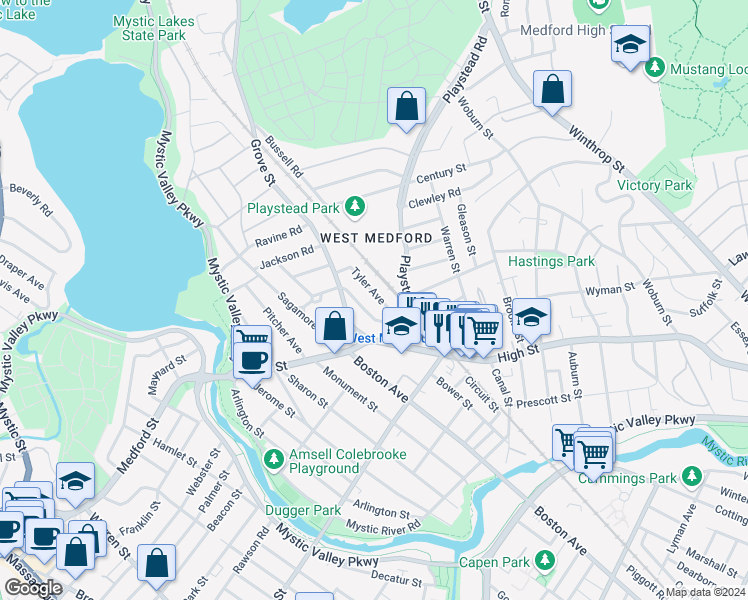 map of restaurants, bars, coffee shops, grocery stores, and more near 30 Tyler Avenue in Medford