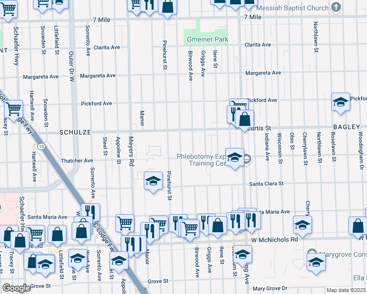 map of restaurants, bars, coffee shops, grocery stores, and more near 18046 Mendota Street in Detroit