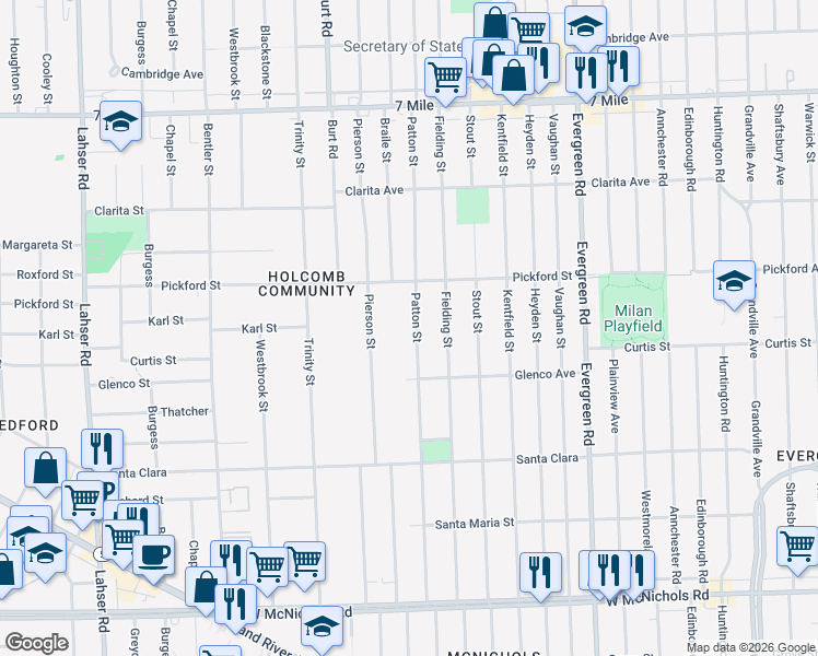 map of restaurants, bars, coffee shops, grocery stores, and more near 18207 Patton Street in Detroit